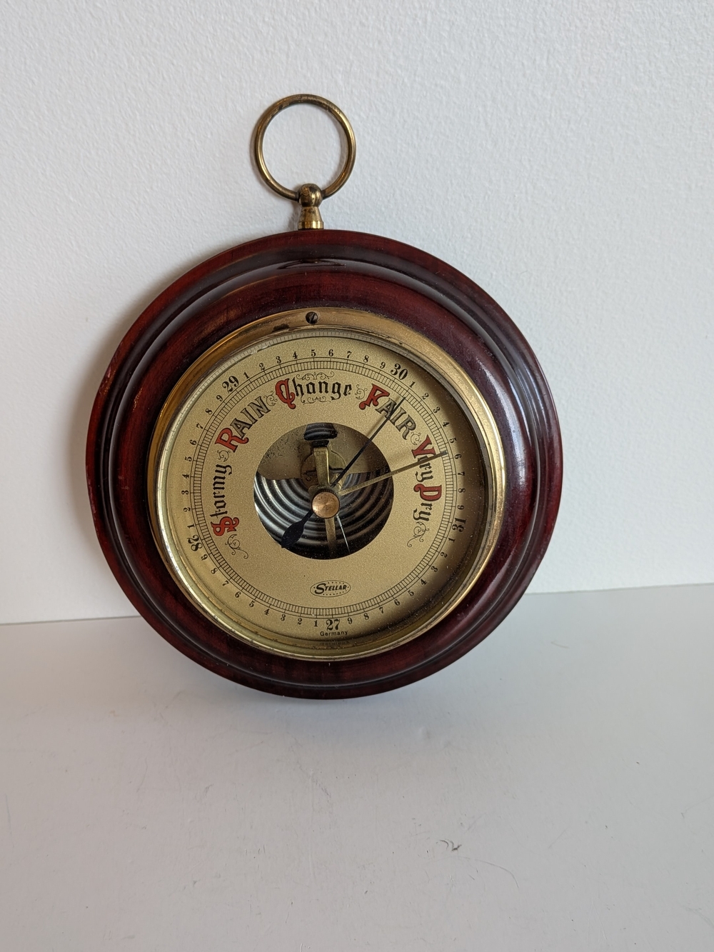 Vintage Wood and Brass Stellar German Wall Hanging Barometer Weather Station